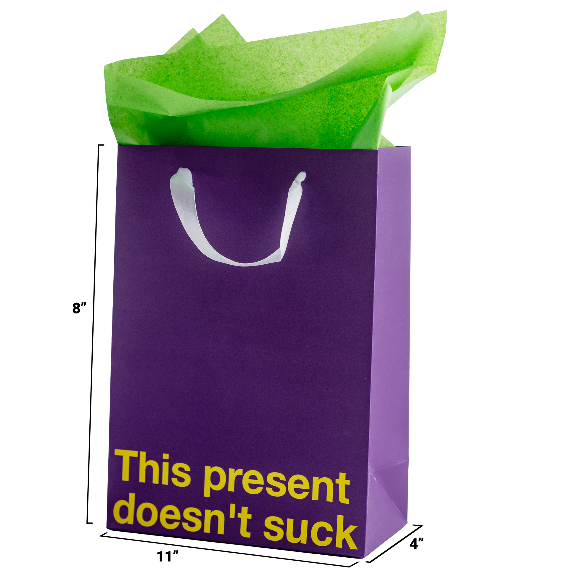 Funny gift bags in purple with green tissue, featuring the text 'This present doesn't suck'.