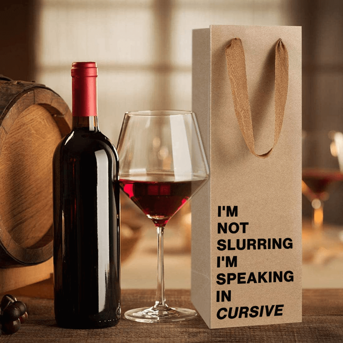 "I'm Not Slurring I'm Speaking in Cursive" wine gift bag – Funny and eco-friendly paper wine bag.