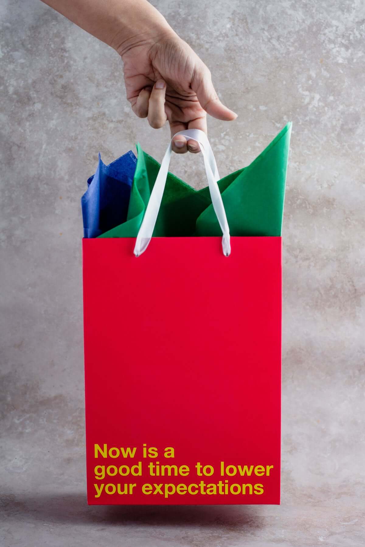 Funny gift bags featuring a red gift bag with colorful tissue paper and a humorous message about lowering expectations.