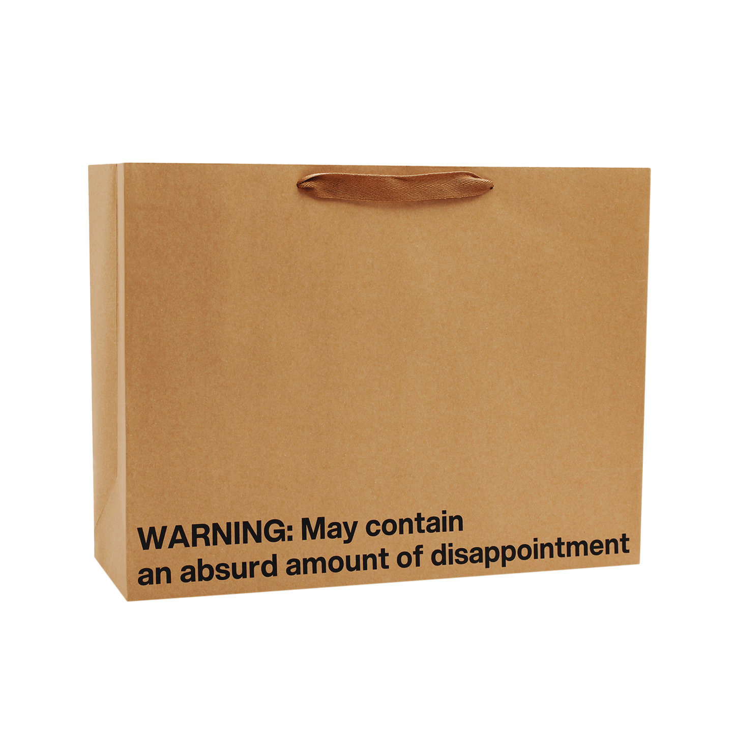 Funny gift bag with a humorous warning about disappointment, made from Kraft material with a brown ribbon handle.