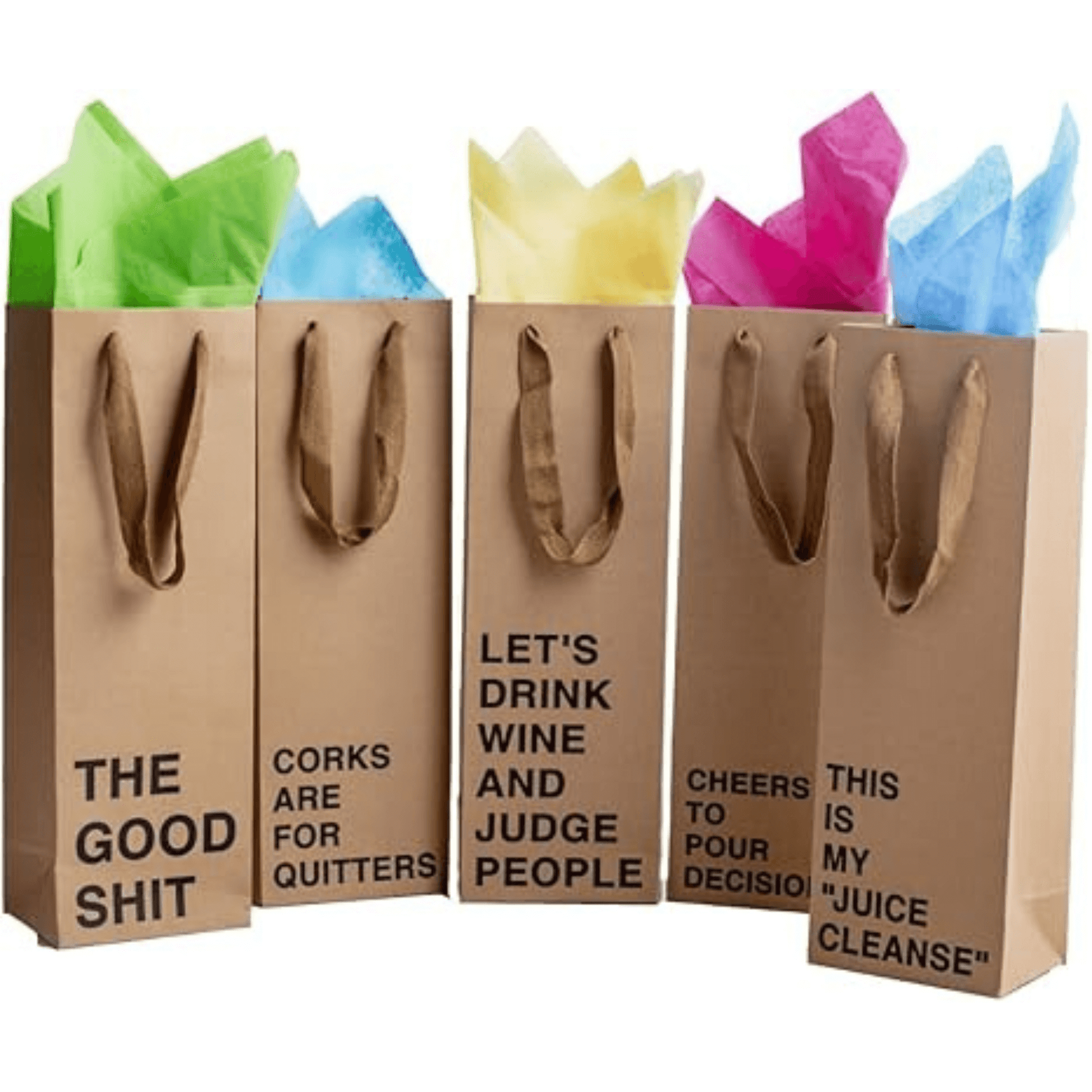 Wine gift bag set of 5 made from kraft paper, perfect for funny wine bags and gifting.