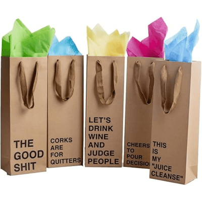 Wine gift bag set of 5 made from kraft paper, perfect for funny wine bags and gifting.