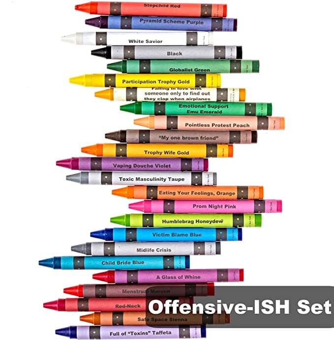 Image showcasing the Offensive-ISH Set of offensive crayons with various cheeky names and colors.