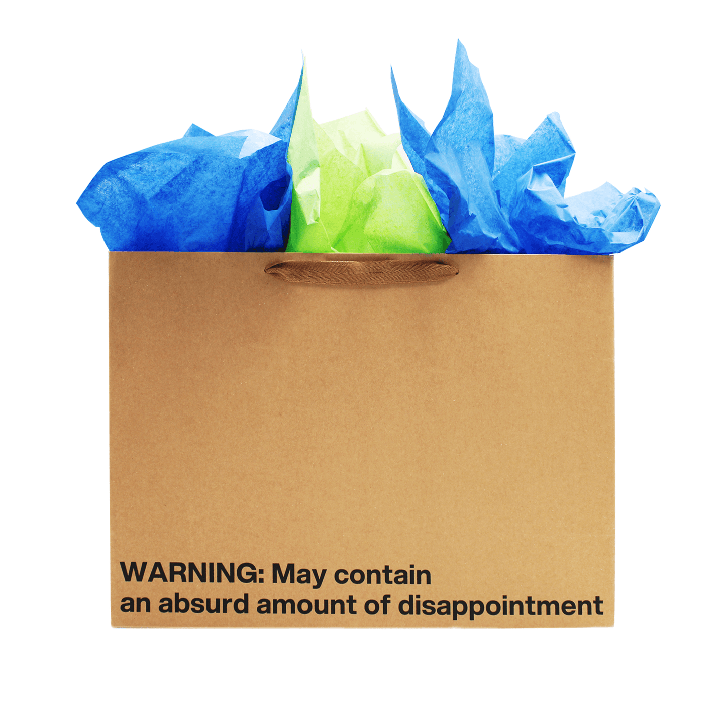 Funny gift bag with colorful tissue paper peeking out, featuring a warning about disappointment.