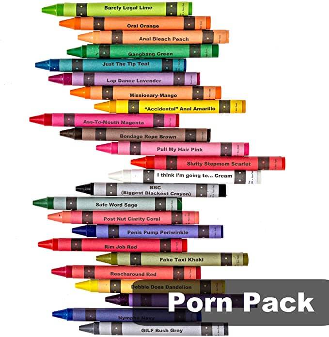 Offensive crayons in the Porn Pack, featuring humorous and adult-themed crayon names.