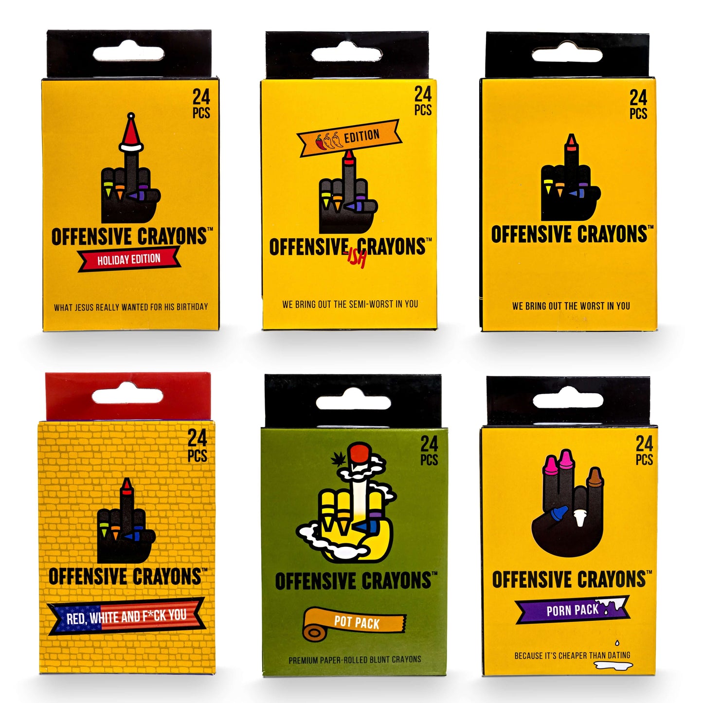 All 6 editions of Offensive Crayons including Holiday, Red, White, and Fuck You, and Porn Pack.