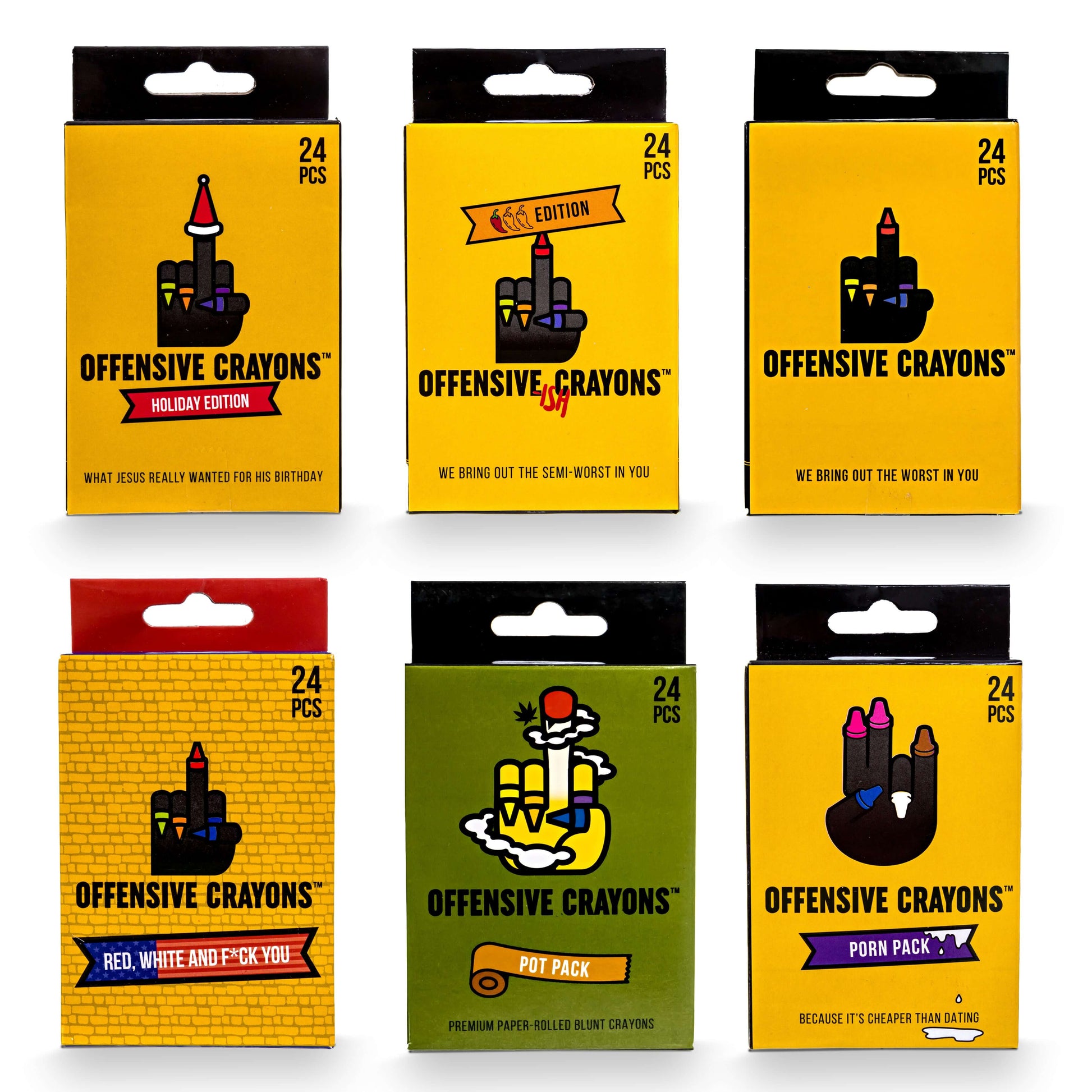 All 6 editions of Offensive Crayons including Holiday, Red, White, and Fuck You, and Porn Pack.
