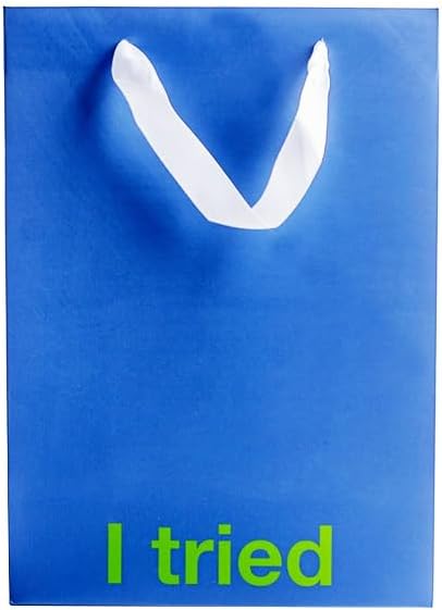 Funny gift bag with blue design and white ribbon handle, featuring the phrase 'I tried' in green text.