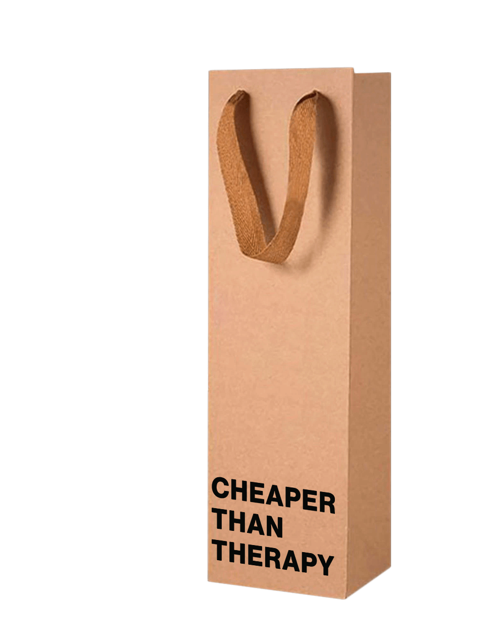 Funny kraft wine bag with "Cheaper Than Therapy" quote.