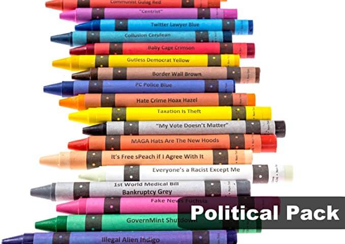 Colorful Offensive Crayons from the Political Pack including humorous names and messages to spark conversation.