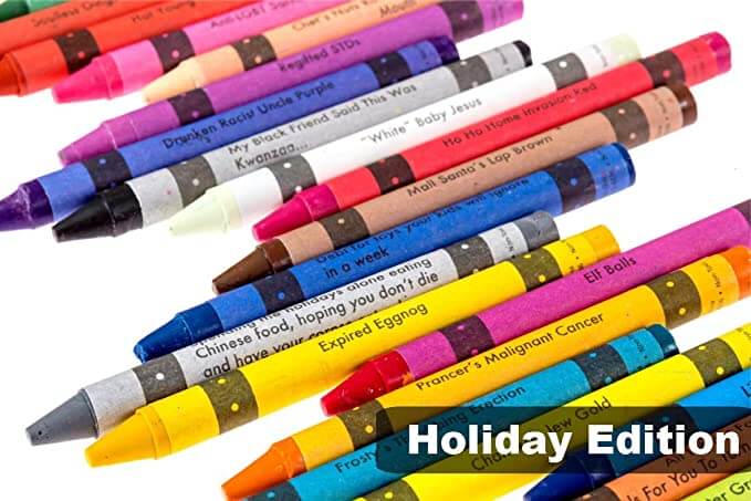 Holiday Edition of Offensive Crayons featuring humorous and edgy designs for fun gift-giving.