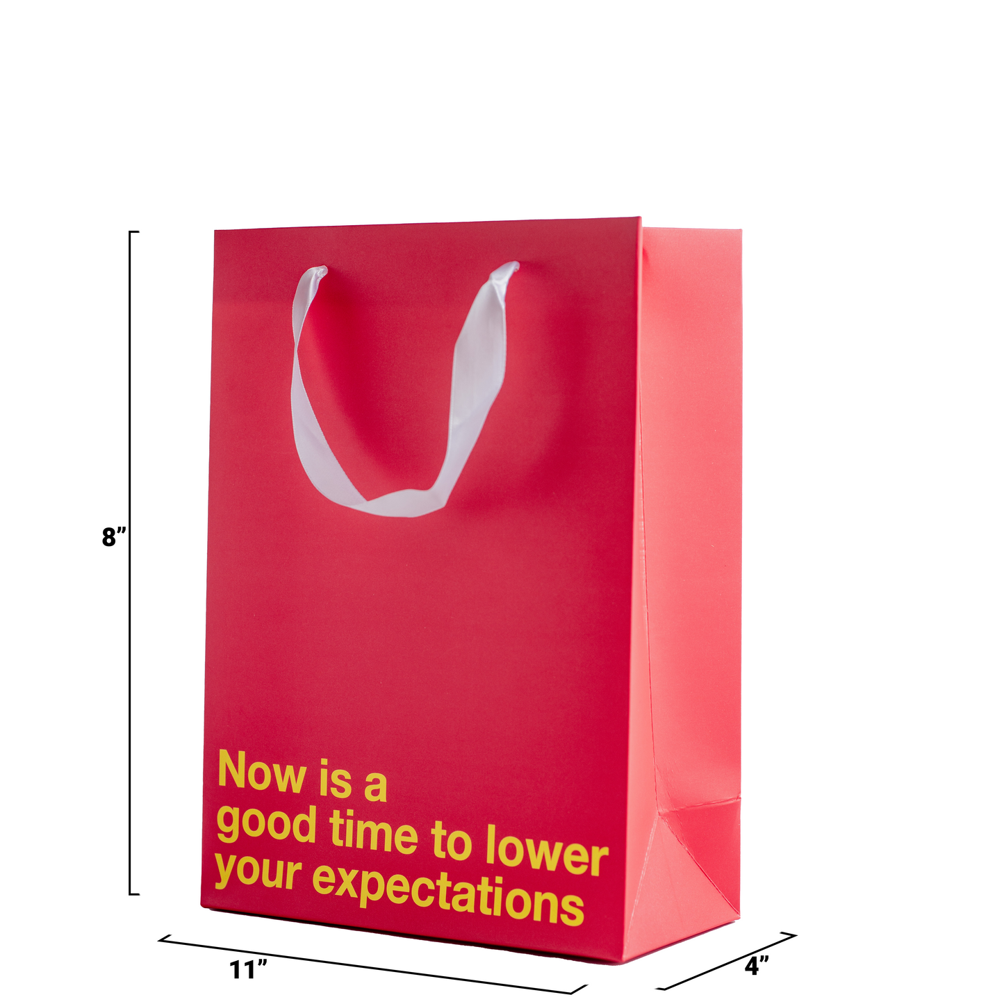Funny gift bag in bright red, featuring the phrase 'Now is a good time to lower your expectations', dimensions 11 x 8 x 4 inches.