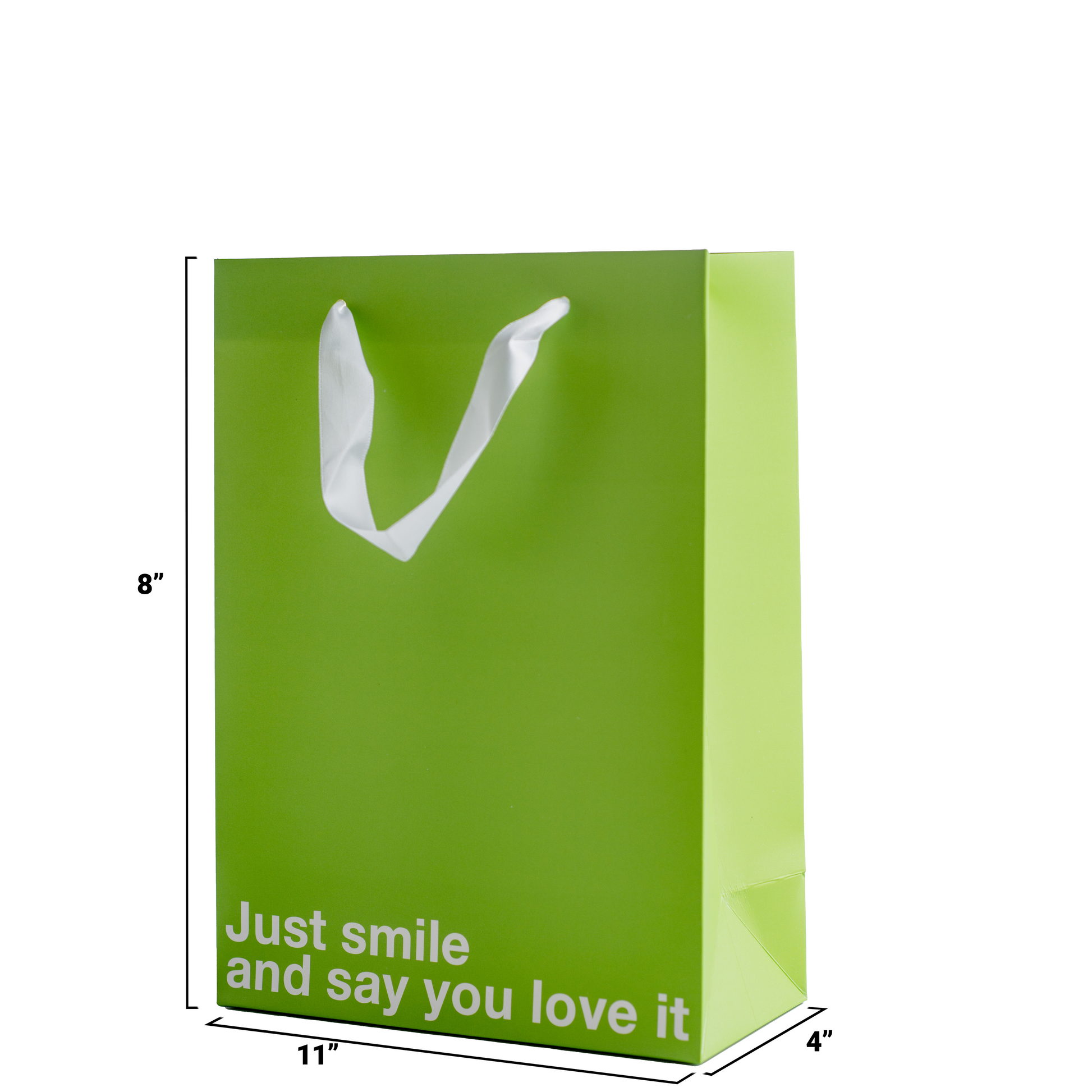 Funny gift bag in vibrant green with text "Just smile and say you love it", perfect for unique gifting occasions.