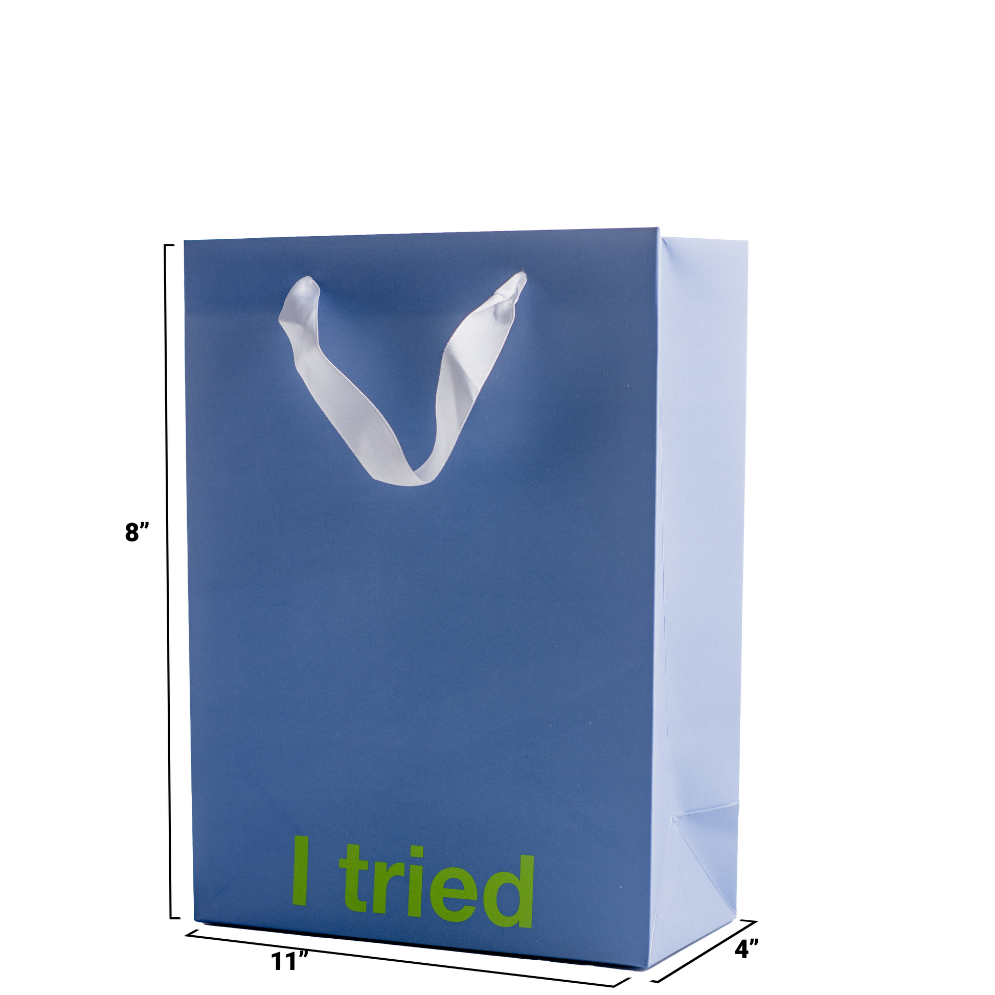 Funny gift bag in blue with white ribbon, 11 x 8 x 4 inches, featuring "I tried" text.