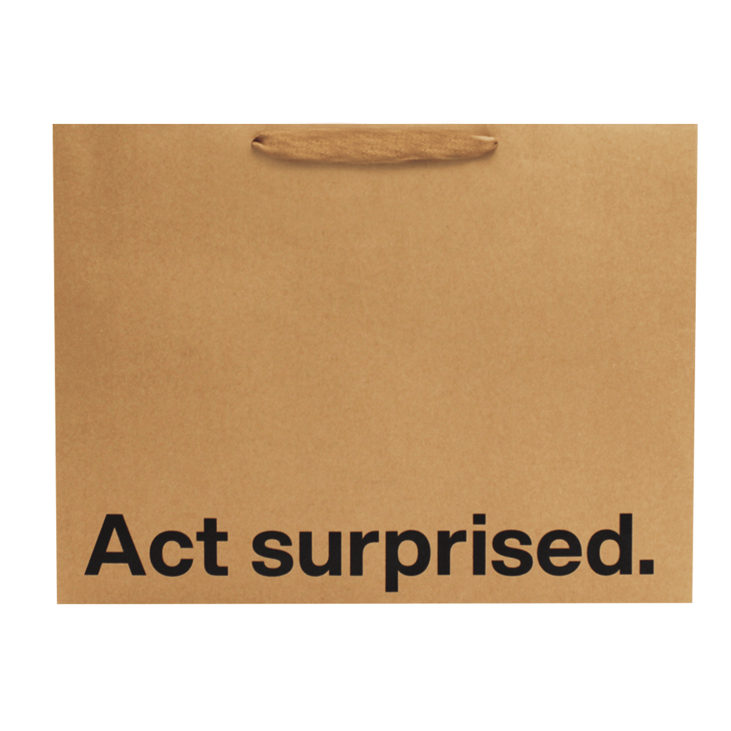 Funny gift bag with the phrase 'Act surprised.' printed on a large kraft paper gift bag.