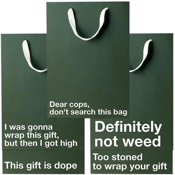 Funny stoner gift bags featuring humorous pot-themed jokes on each bag.