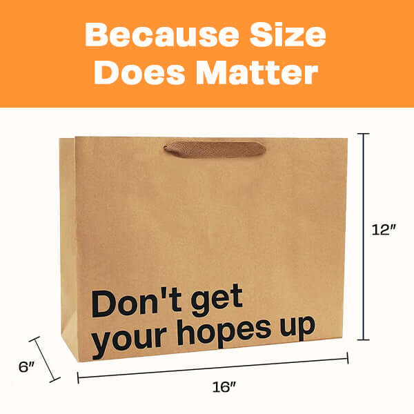 Funny gift bags featuring a large gift bag with text "Don't get your hopes up", size dimensions shown.