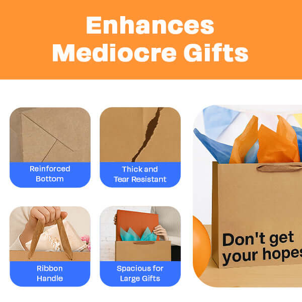 Funny gift bag featuring reinforced bottom, tear-resistant material, spacious design, and ribbon handle.
