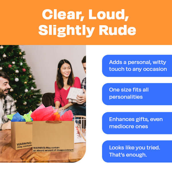 Funny gift bag featuring clear, loud warning text, perfect for adding humor to any occasion.