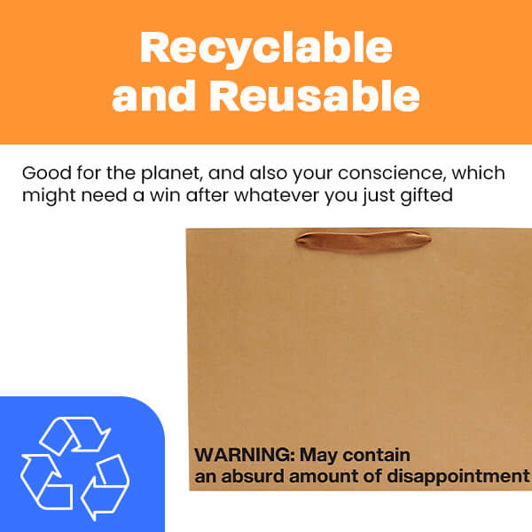 Funny gift bag with warning label stating it may contain an absurd amount of disappointment, made from recyclable material.