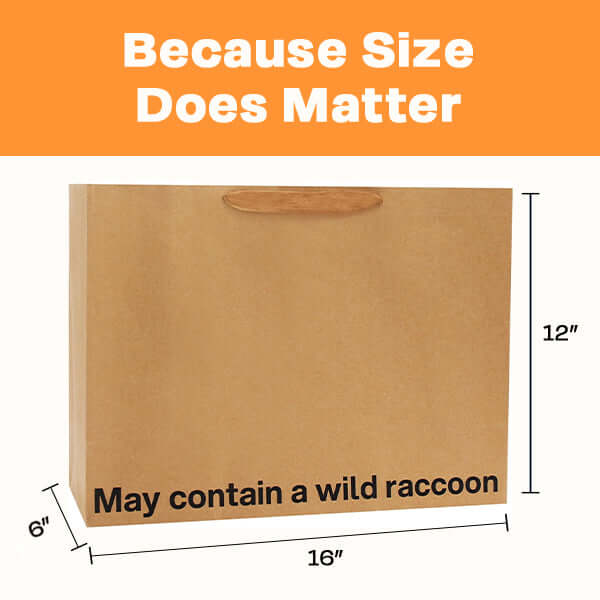 Large gift bag labeled 'May contain a wild raccoon', perfect for funny gift bag presentations.