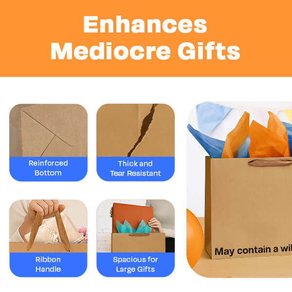 Funny gift bag with reinforced bottom, ribbon handle, and spacious design to enhance mediocre gifts.