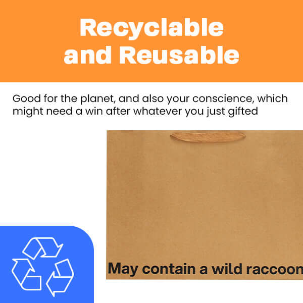 Funny gift bag featuring a message that reads 'May contain a wild raccoon', recyclable and reusable design.