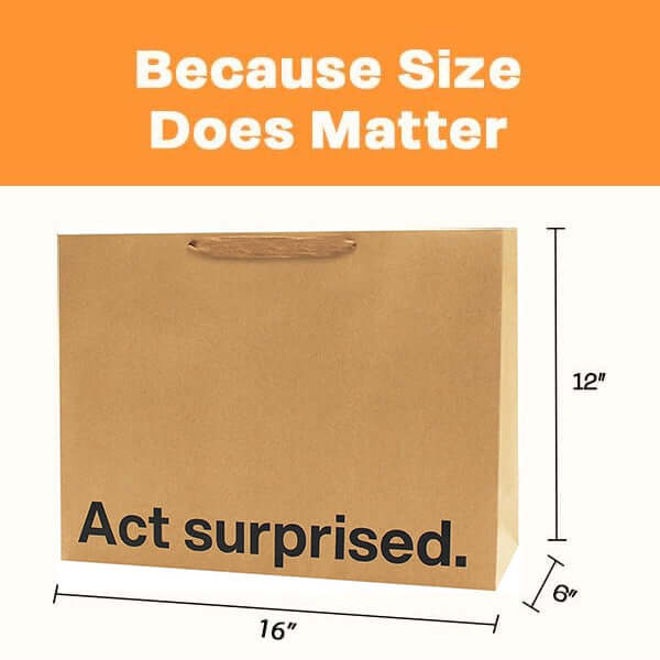 Funny gift bag featuring a large kraft paper design with the phrase 'Act surprised.' Size dimensions included.