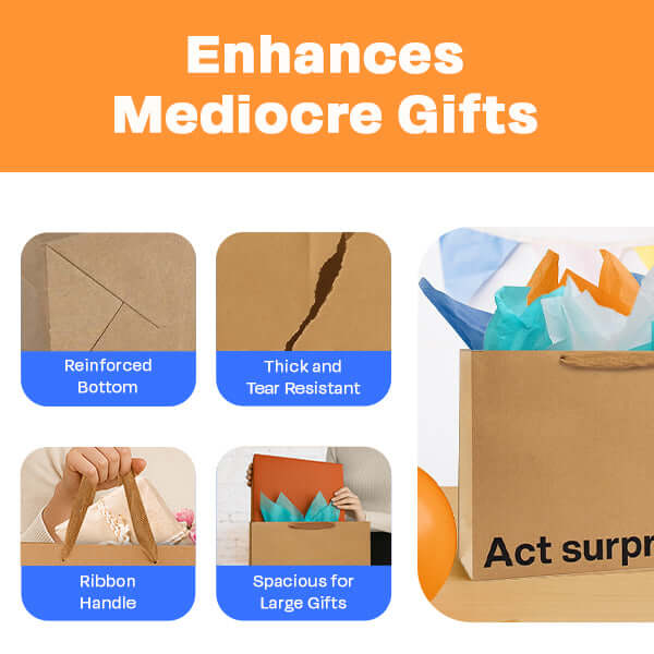 Funny gift bag showcasing features like reinforced bottom, thick material, and spacious design for large gifts.