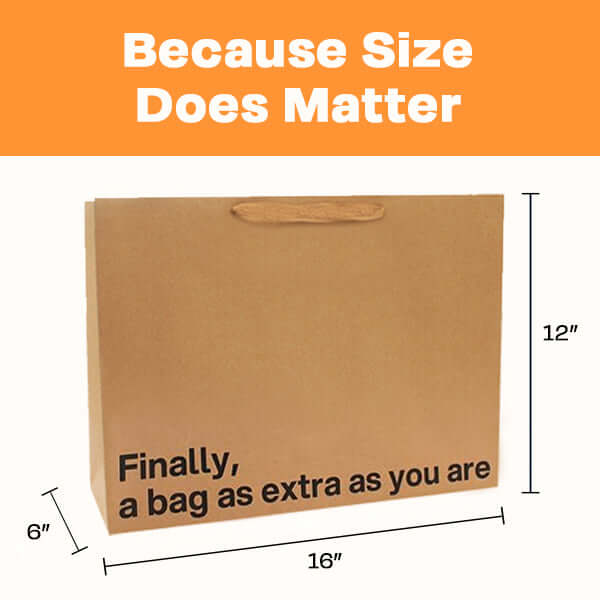 Large funny gift bag showing size dimensions and the phrase 'Finally, a bag as extra as you are' for funny gift bags.