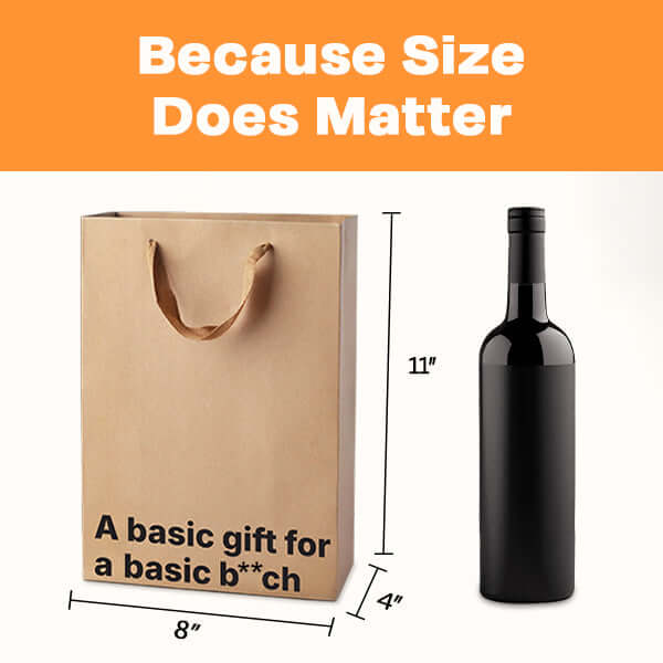 Funny gift bag featuring a kraft design, brown ribbon handle, size dimensions 11x8x4 inches.