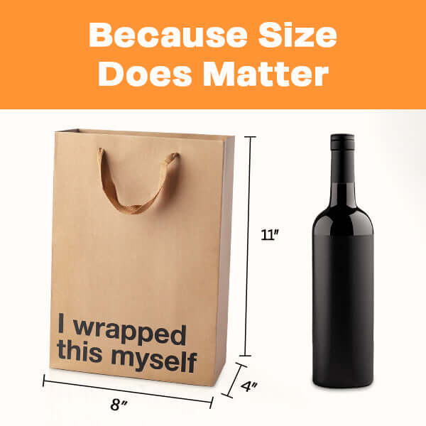 Wrapped this myself gift bag next to a wine bottle, showcasing its dimensions, perfect for a funny gift bag.