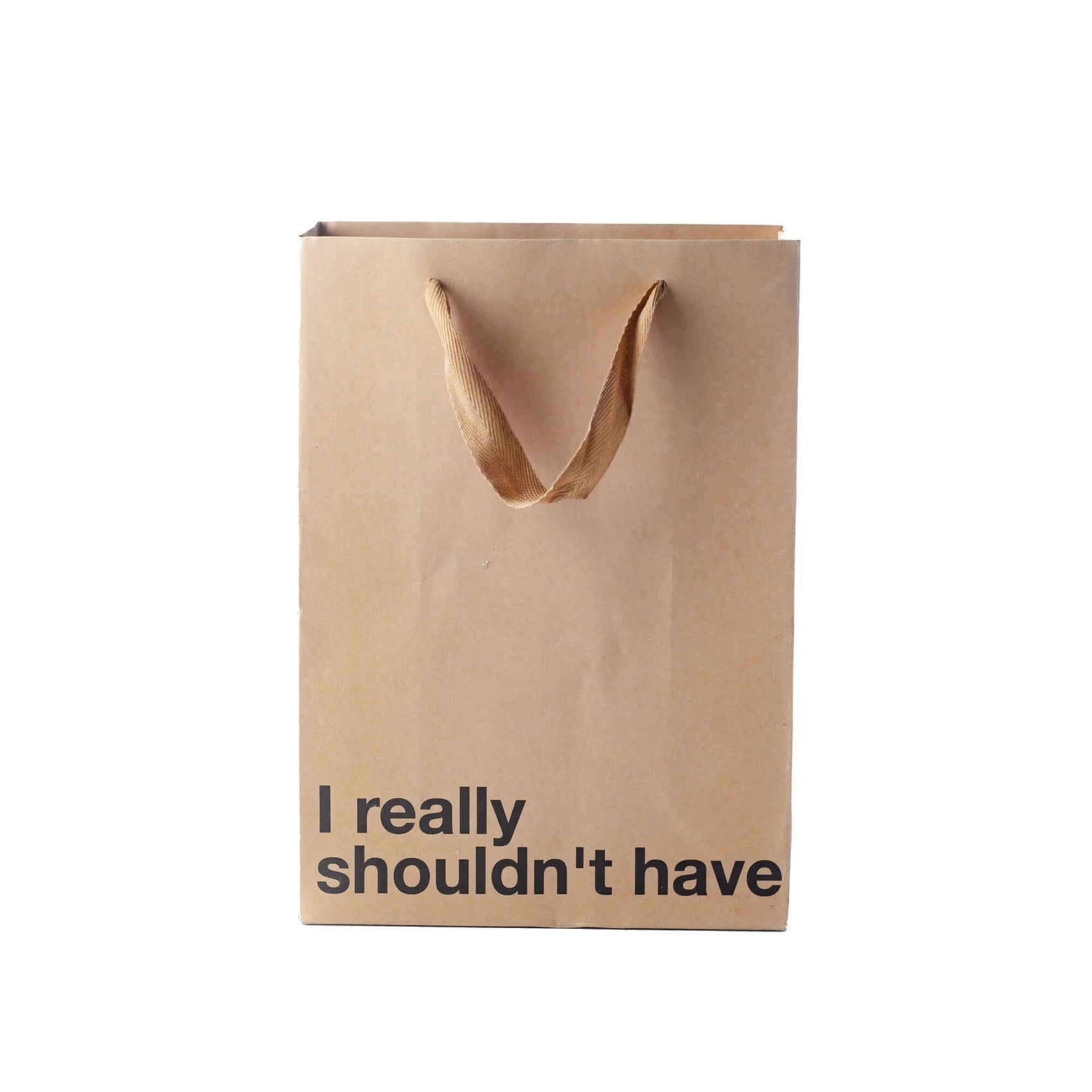 Funny gift bag with text 'I really shouldn't have', made of kraft material with brown ribbon handle.