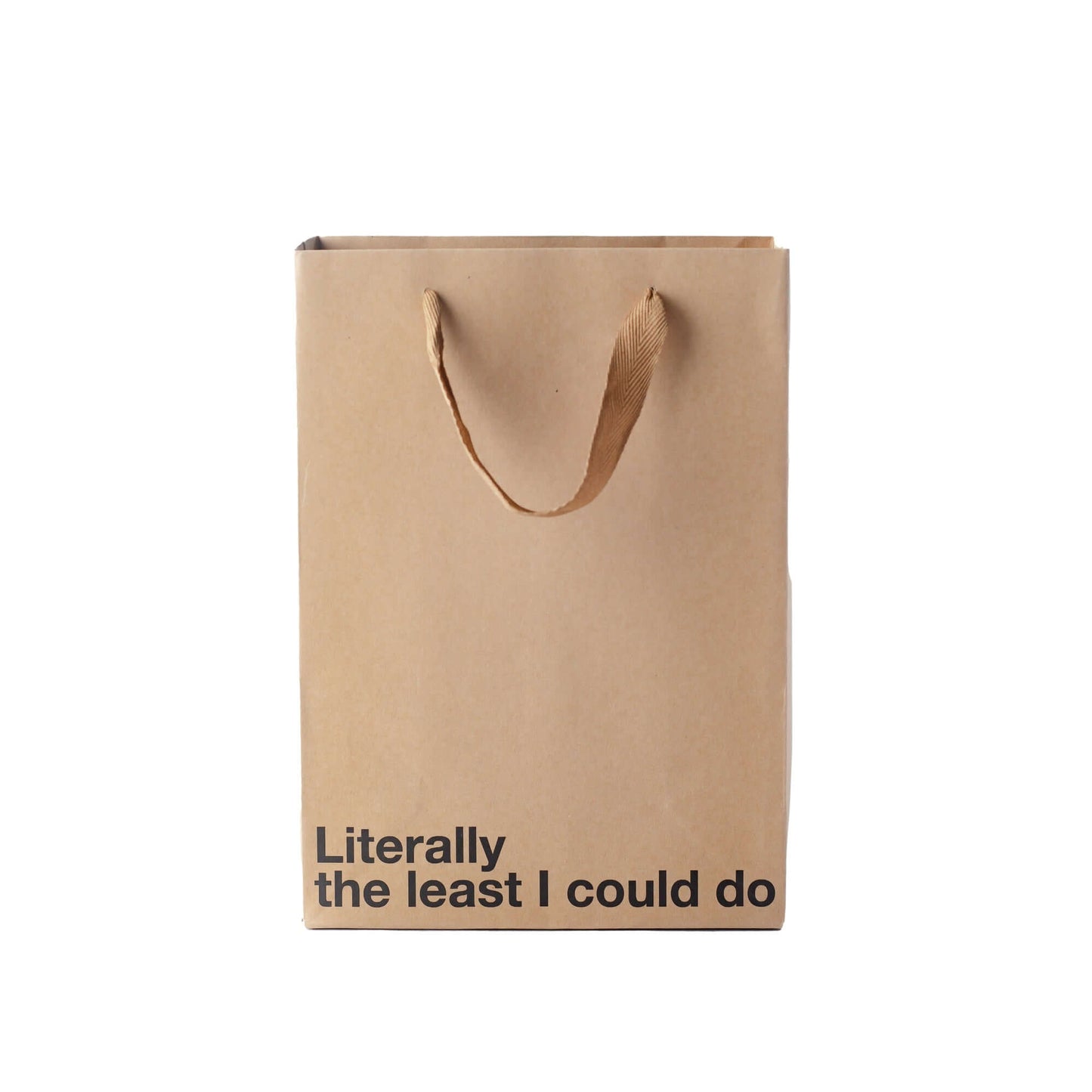 Funny gift bag with humorous text 'Literally the least I could do' on a kraft paper bag.