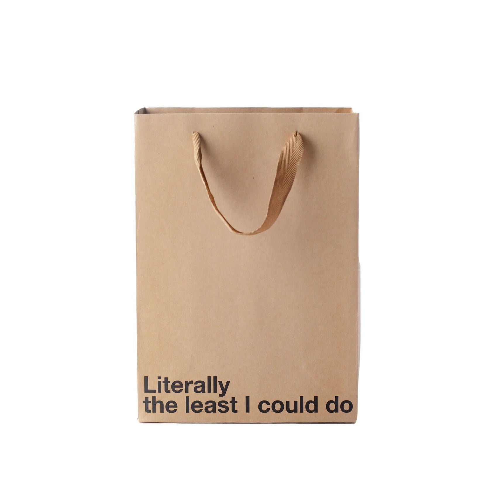 Funny gift bag with humorous text 'Literally the least I could do' on a kraft paper bag.