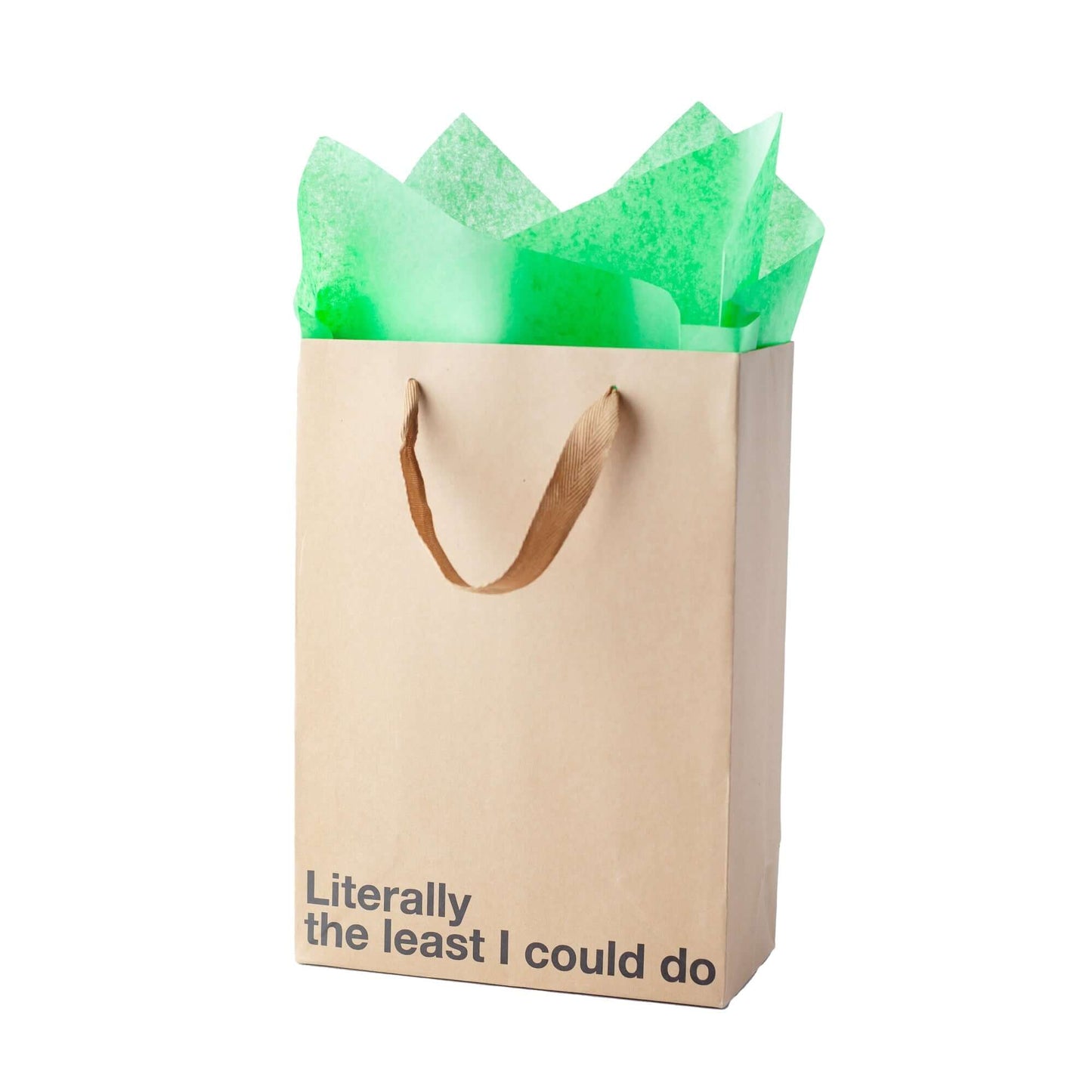 Funny gift bag featuring the phrase "Literally the least I could do" with green tissue paper inside.