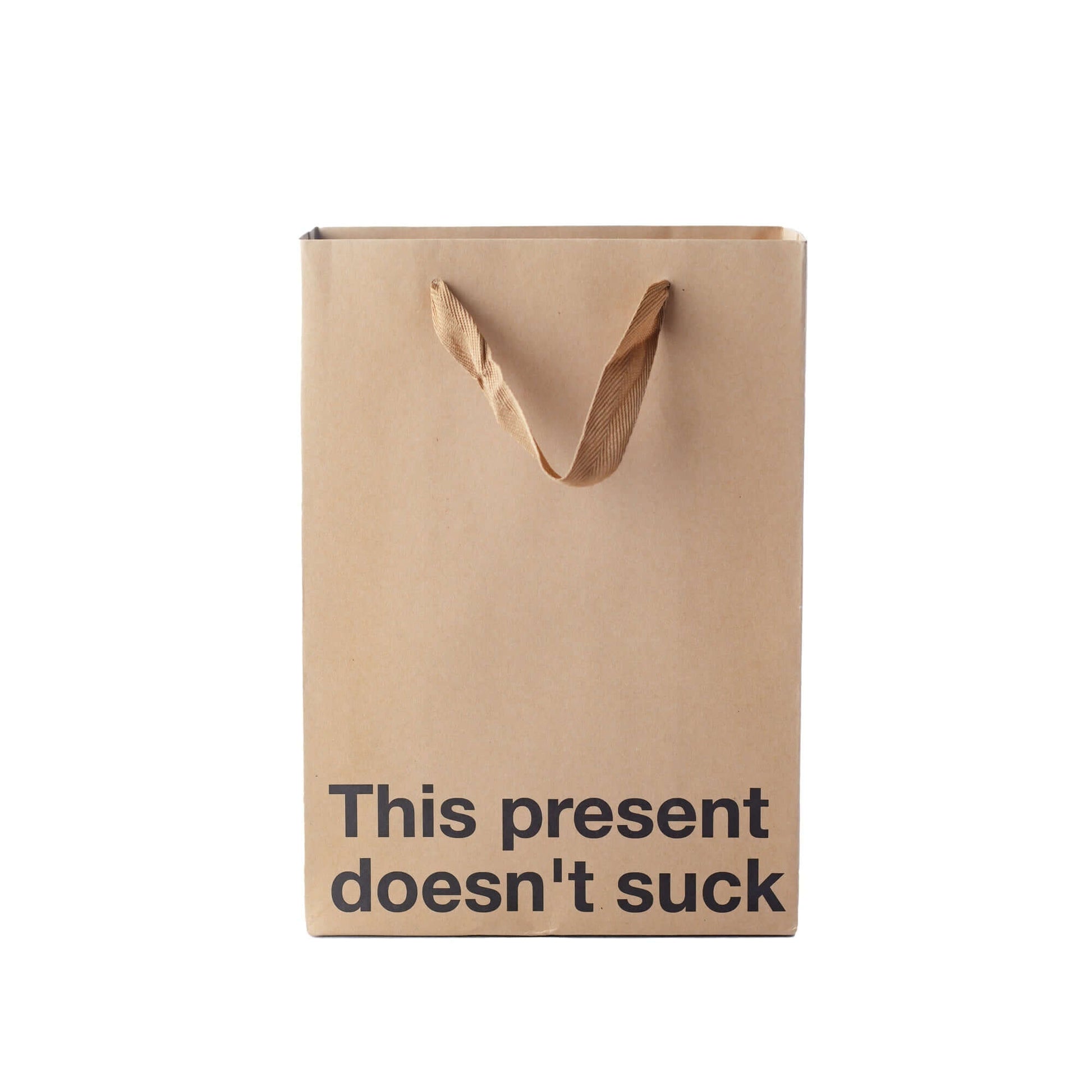 Funny gift bag with the phrase 'This present doesn't suck' printed on a kraft paper design.