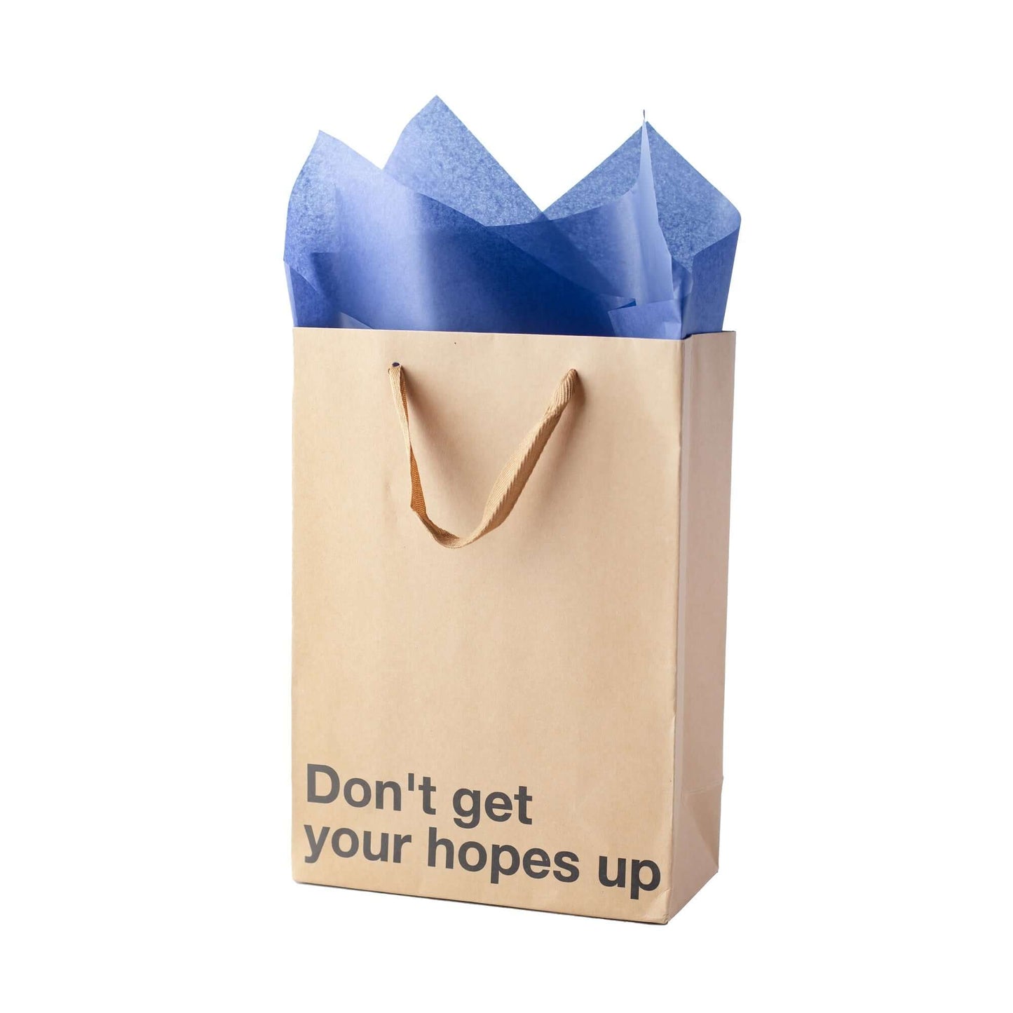 Funny gift bag 'Don't get your hopes up' with blue tissue paper, made of kraft material, featuring a brown ribbon handle.