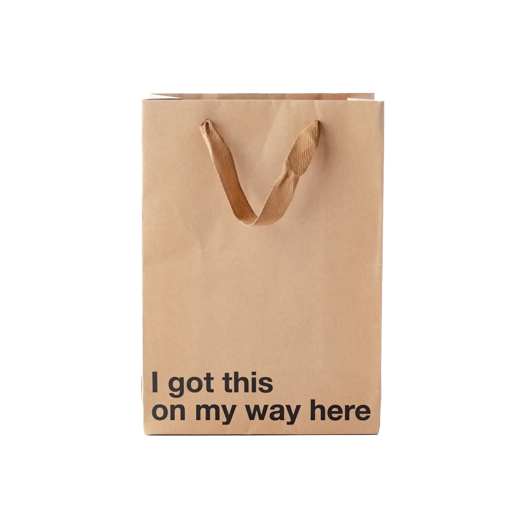 Funny gift bag featuring the phrase 'I got this on my way here', ideal for gift giving without messy wrapping.