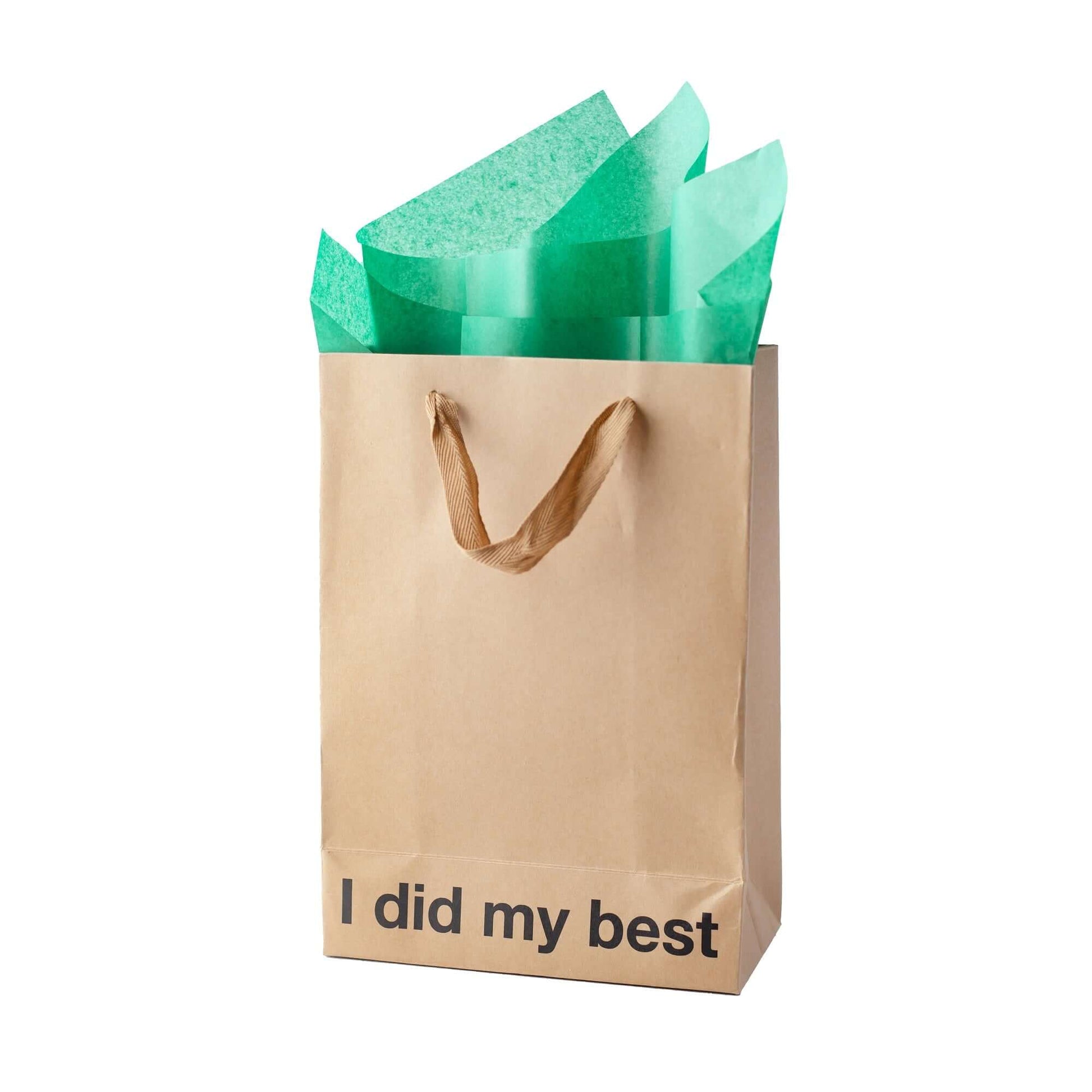 Funny gift bag with brown ribbon handle and green tissue paper, featuring the text 'I did my best'.