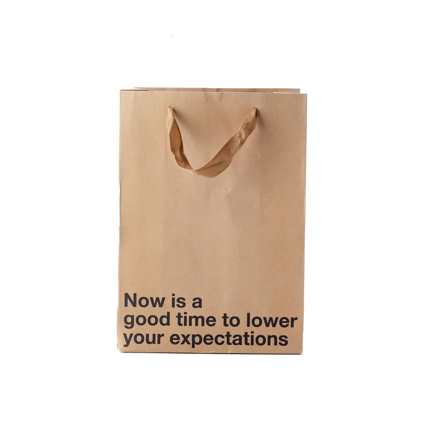 Funny gift bag with text "Now is a good time to lower your expectations" in kraft material with brown ribbon handles.