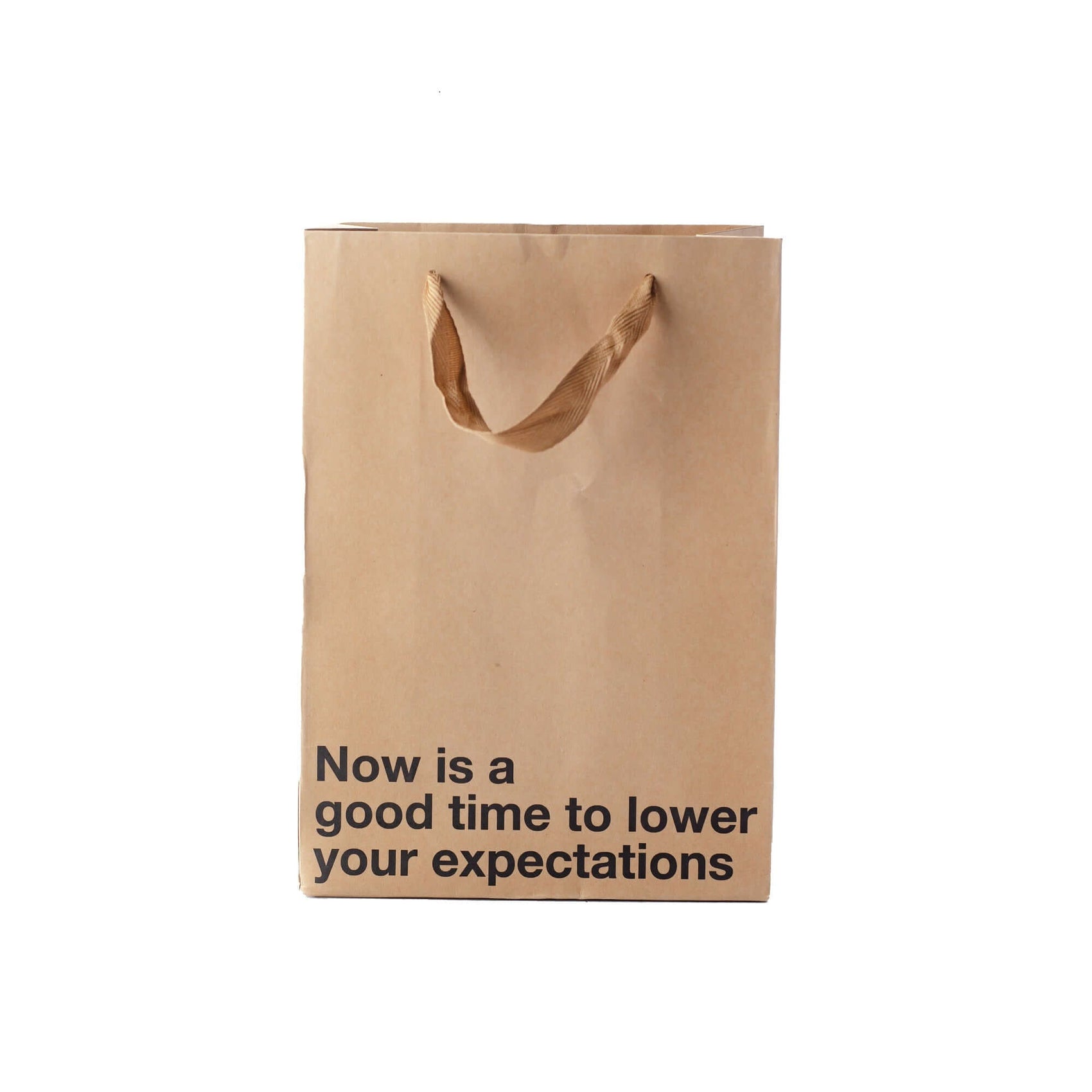 Funny gift bag with text "Now is a good time to lower your expectations" in kraft material with brown ribbon handles.