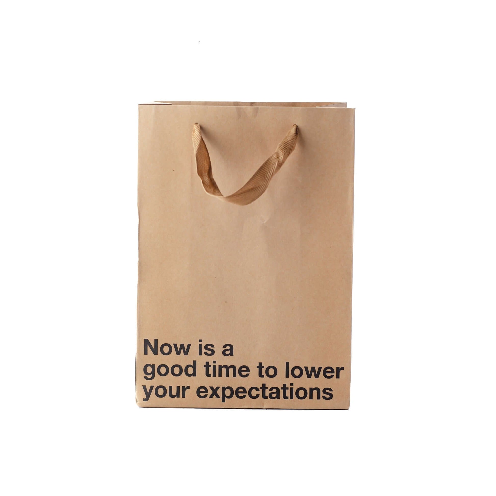 Funny gift bag with text "Now is a good time to lower your expectations" in kraft material with brown ribbon handles.