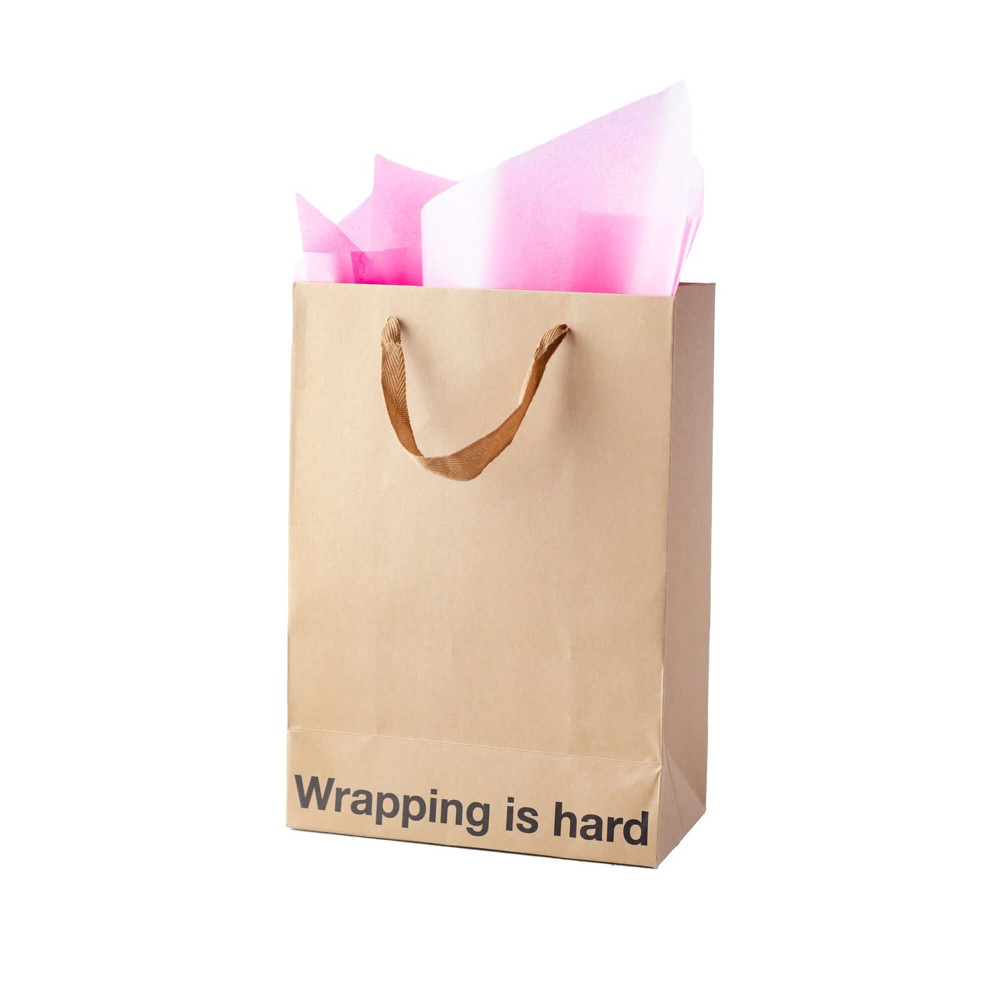 Funny gift bag with kraft material, brown ribbon handle, and pink tissue paper inside. Wrapping is hard.