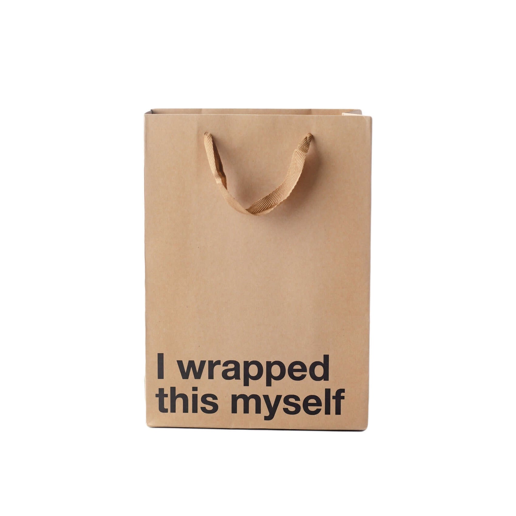 Funny gift bag featuring the text 'I wrapped this myself' on a kraft material with a brown ribbon handle.