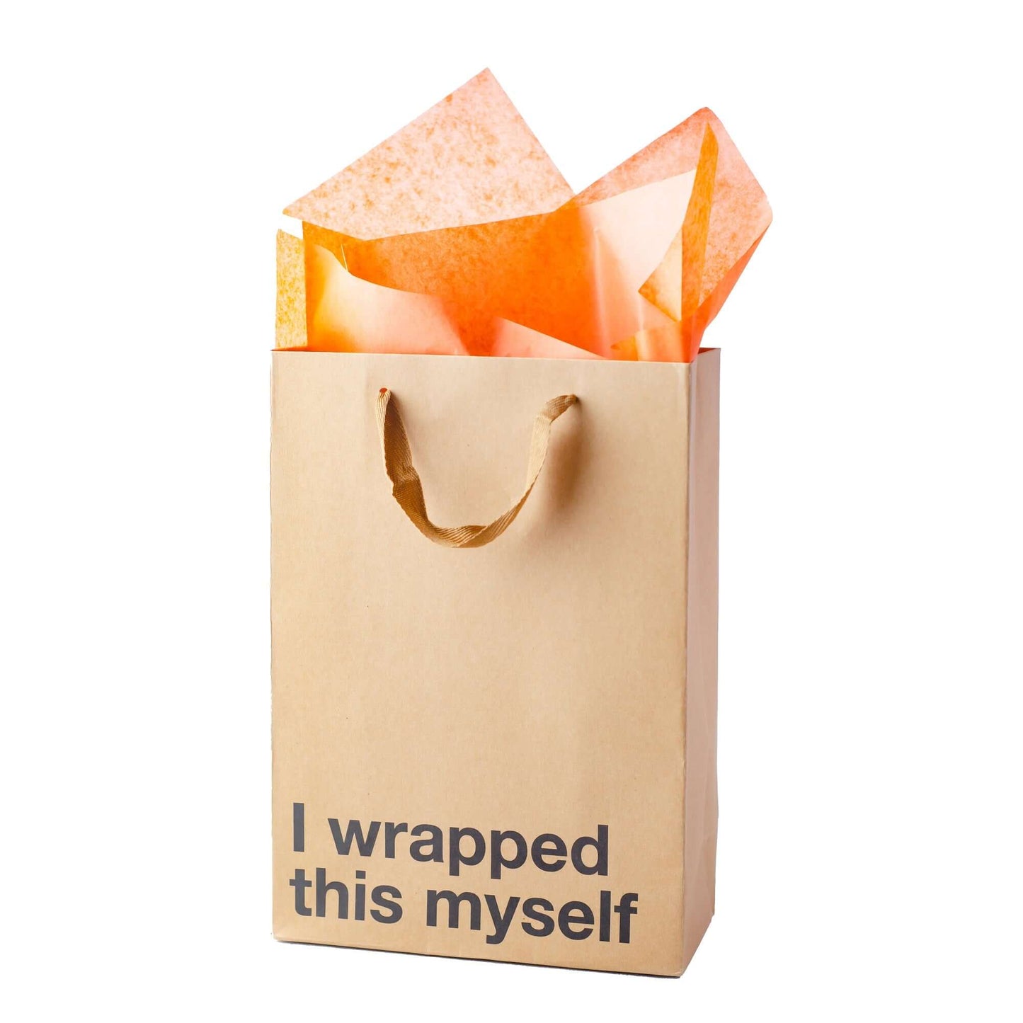 Funny gift bag with kraft material and brown ribbon handle, saying 'I wrapped this myself'.