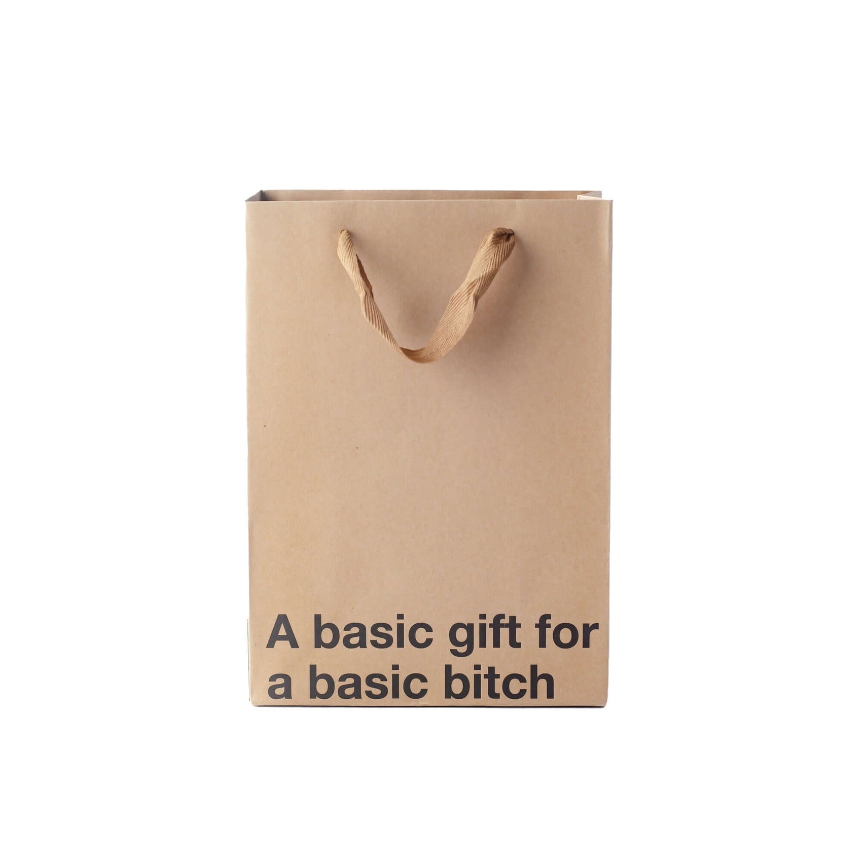 Funny gift bag with kraft material and brown ribbon handles, featuring the text 'A basic gift for a basic bitch'.