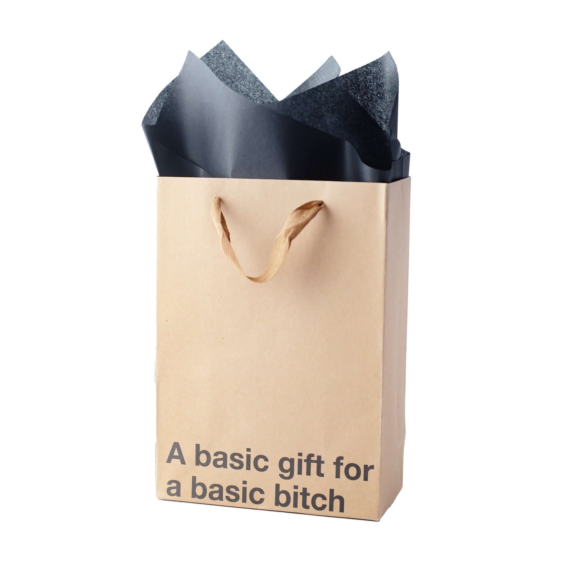 Funny gift bag featuring a humorous phrase, crafted from Kraft material with brown ribbon handle.