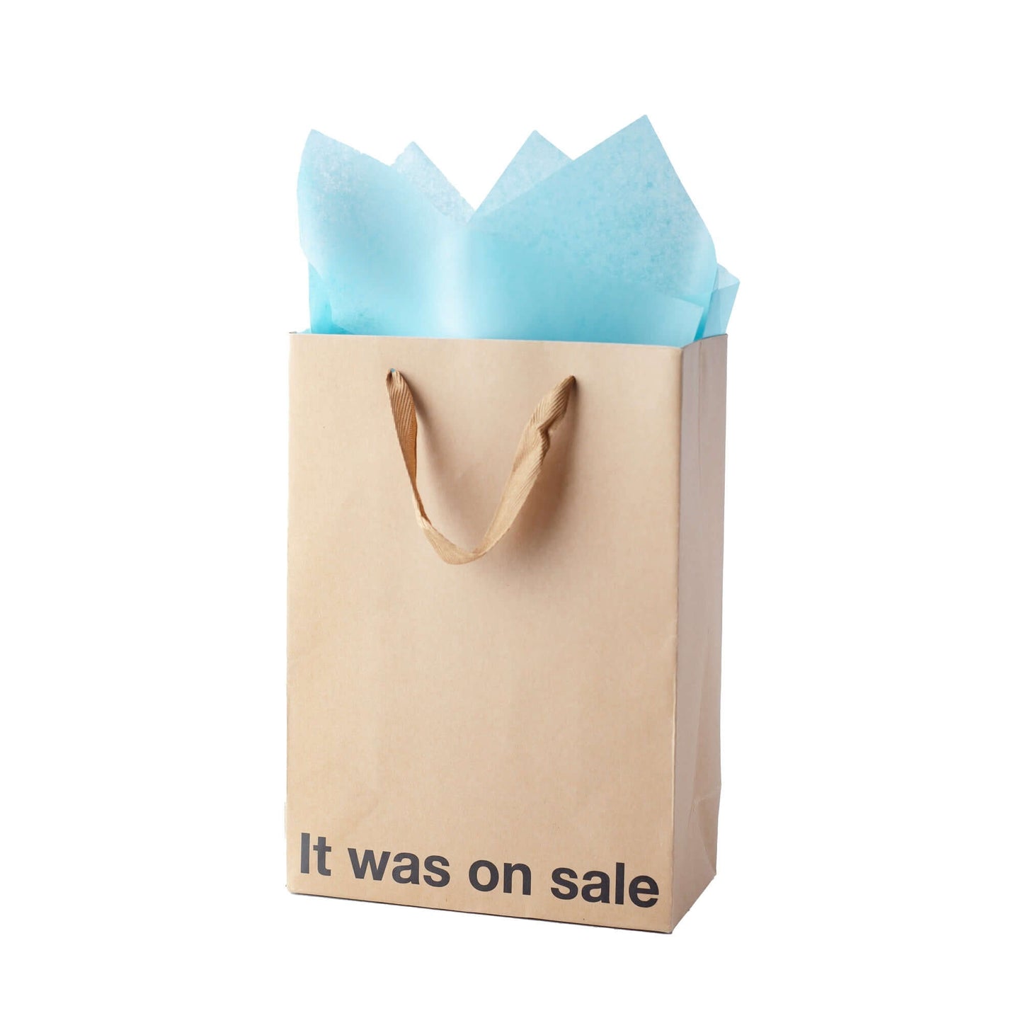 Funny gift bag with kraft material and blue tissue paper, featuring the text "It was on sale".