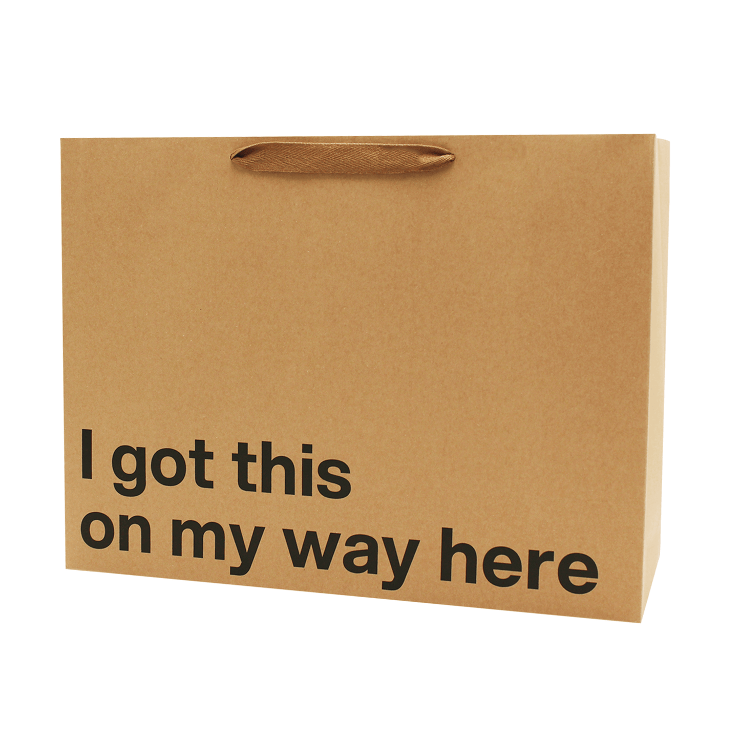Funny gift bag with the phrase 'I got this on my way here' printed on a kraft large gift bag.